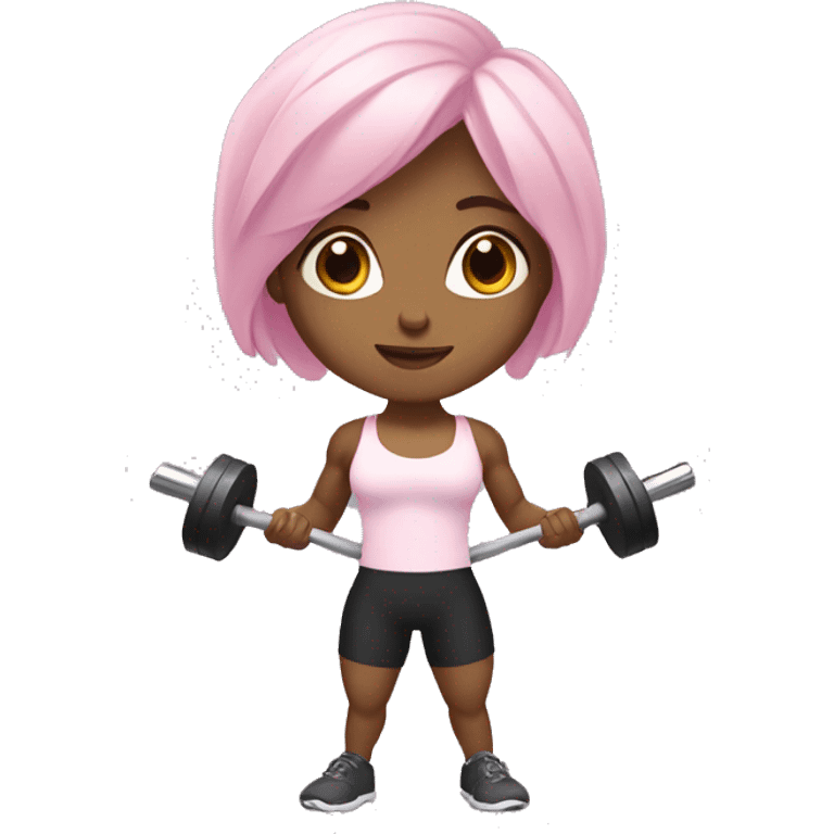 Gym girl, with light pink hair and brown eyes. presses the barbell emoji