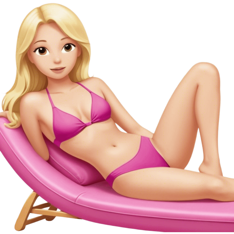  realistic blonde with long hair is lying on a chaise longue in a pink swimsuit, sunbathing in the sun emoji