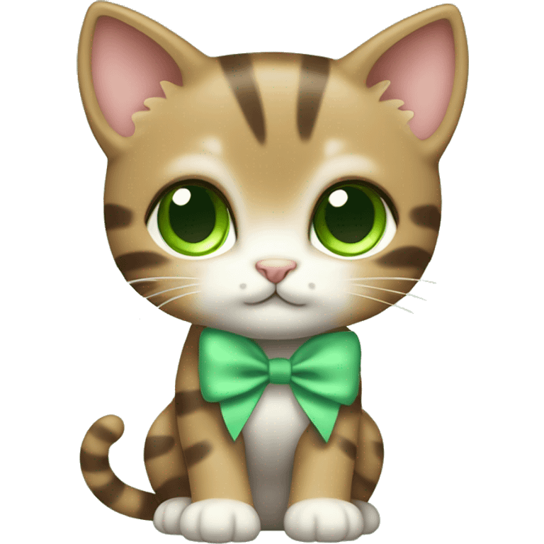 extremely cute kawaii brown tabby girl kitten with green eyes and pastel green bow full body emoji