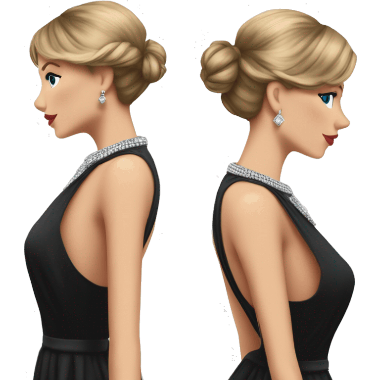 Taylor Swift looking back, black dress, hair in low bun with a strand pulled out, standing, silver diamond necklace  emoji