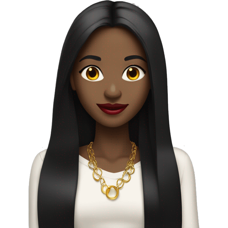 Smiling Black girl with long black straight hair and red lipstick with gold hoop earrings and and a gold necklace  emoji