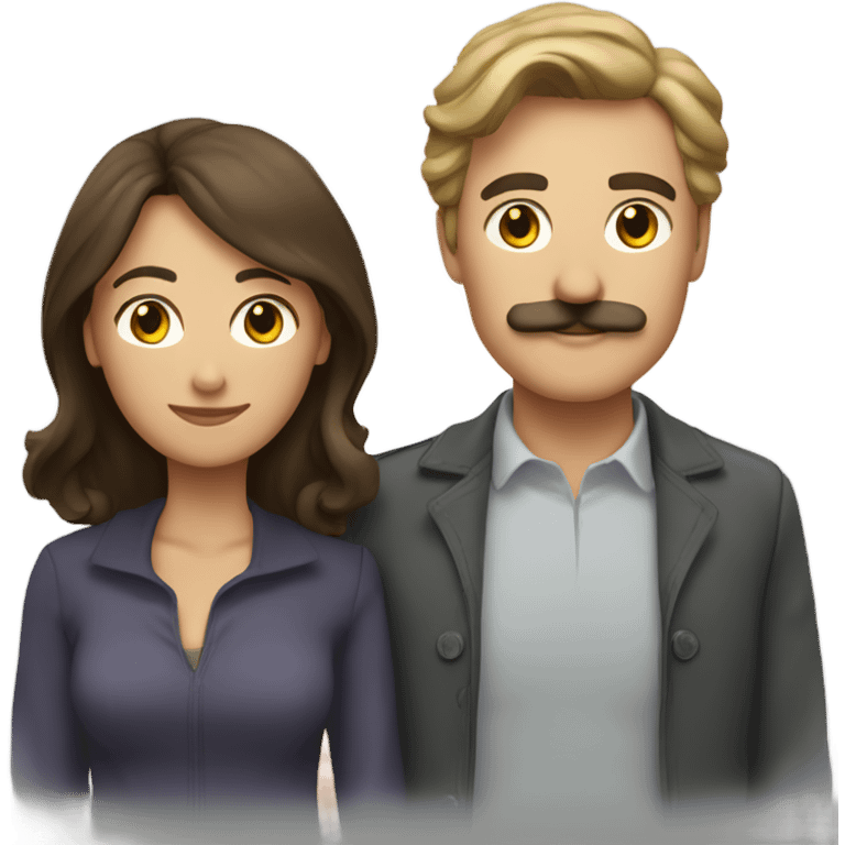 A male couple with dark blond hair and mustache and a medium-haired brunette woman emoji