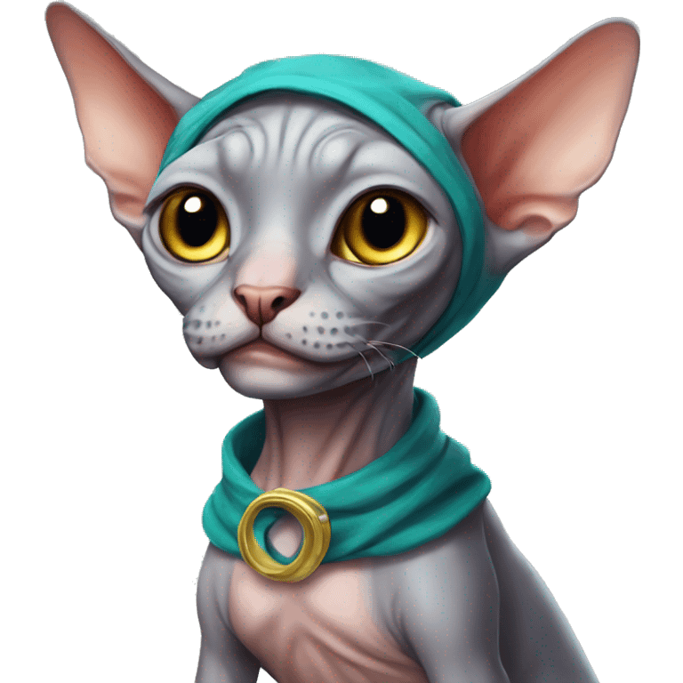 Sphynx-cat in costume of dino emoji