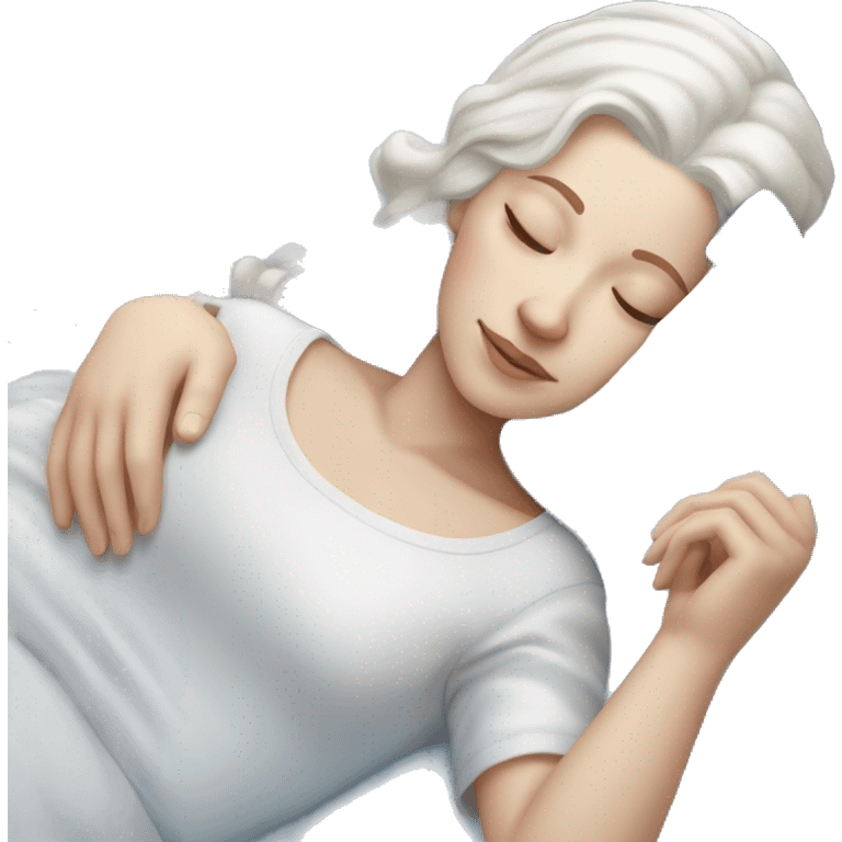 white female with white hair with a blue bow asleep on a blue-white bed emoji