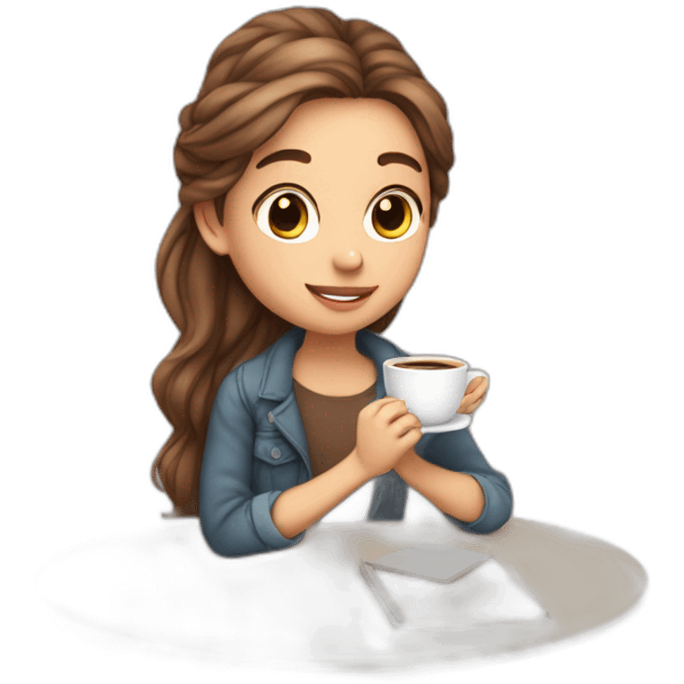 Cute girl full body skin is light and hair are flowing studying and sipping coffee emoji