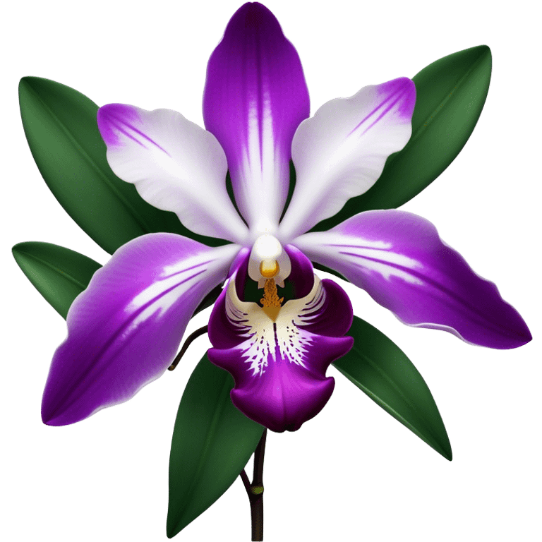 Cinematic Realistic Orchid Emoji, Exotic and elegant, with intricate, velvety petals in deep purple and white, forming a delicate and symmetrical blossom. The slender green stem holds the flower high, while surrounding leaves add lush contrast. Soft glowing outline, capturing the essence of rare beauty and sophistication in a captivating orchid. emoji