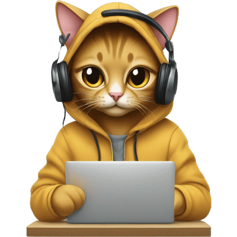 cat is a graphic designer in a hoodie and headphones, working at a computer in photoshop emoji