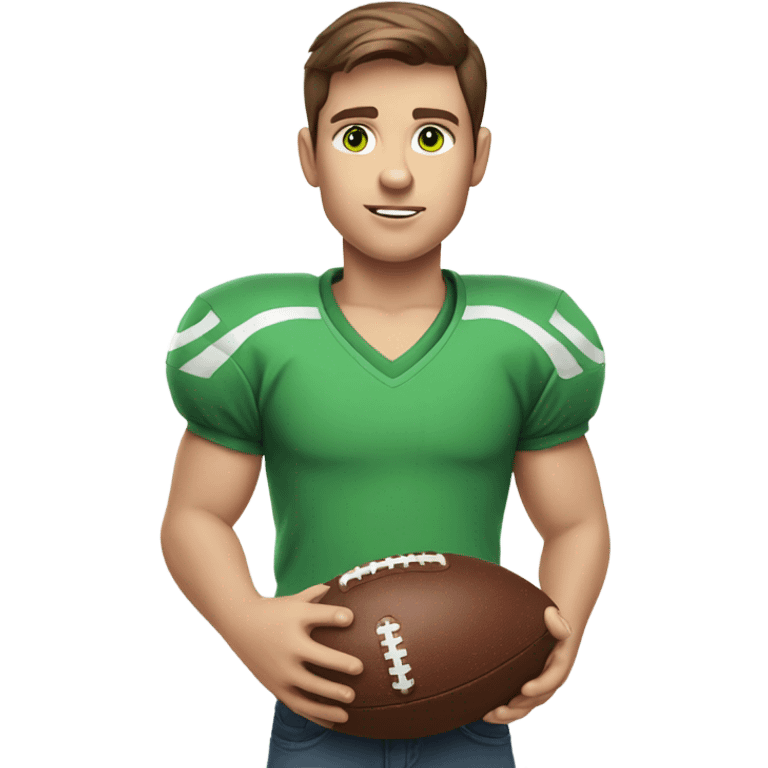 boy with brown hair and light blue eyes. wearing a green shirt. holding an american football  emoji