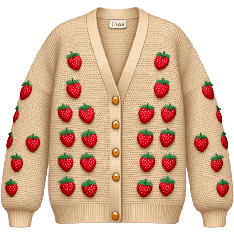 beige crocheted cardigan embroidered with small strawberries emoji