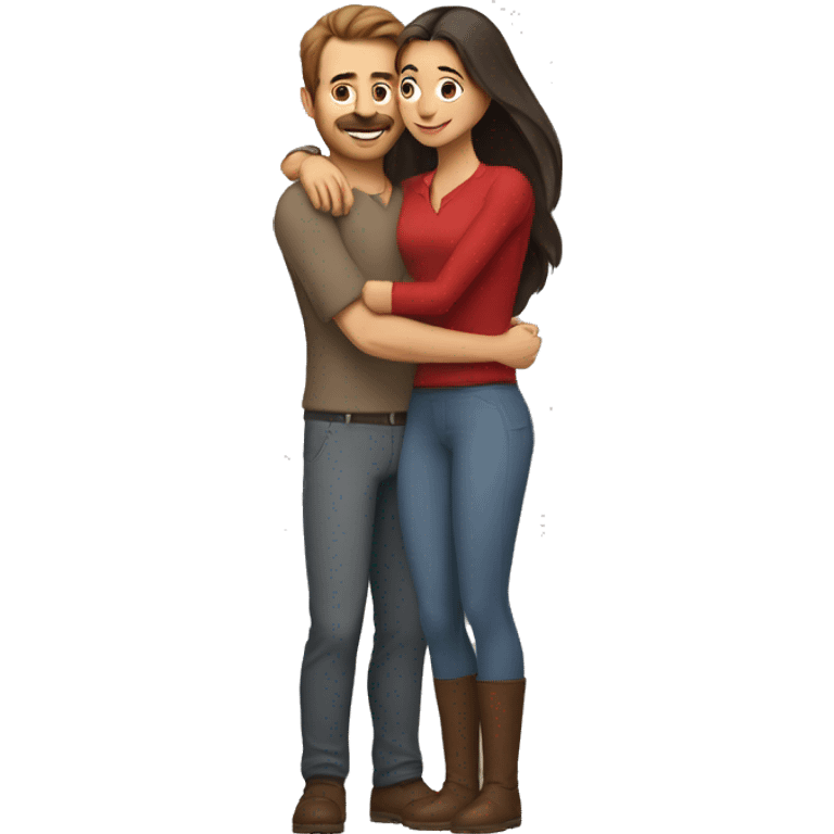 A taller Indian woman with long hair and tight fitting gray colored clothes (darker tights) hugs a shorter white man with a red shirt and brown hair. The woman is taller than the man emoji