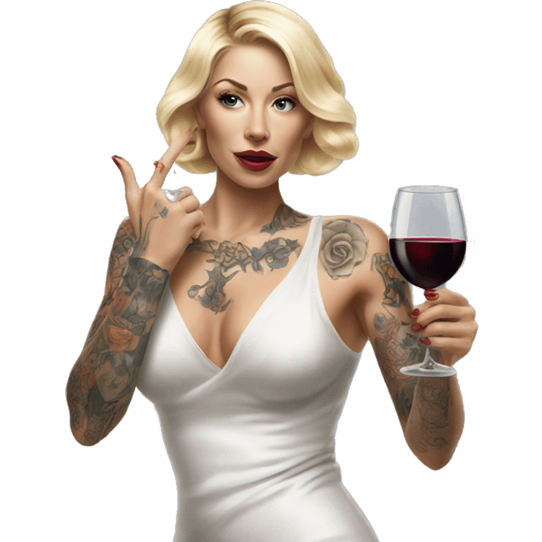 Blonde elegant women, her body covered with tattoos, wine in her one hand, Pointing Forward with her Other Hand , Hyper realistic emoji