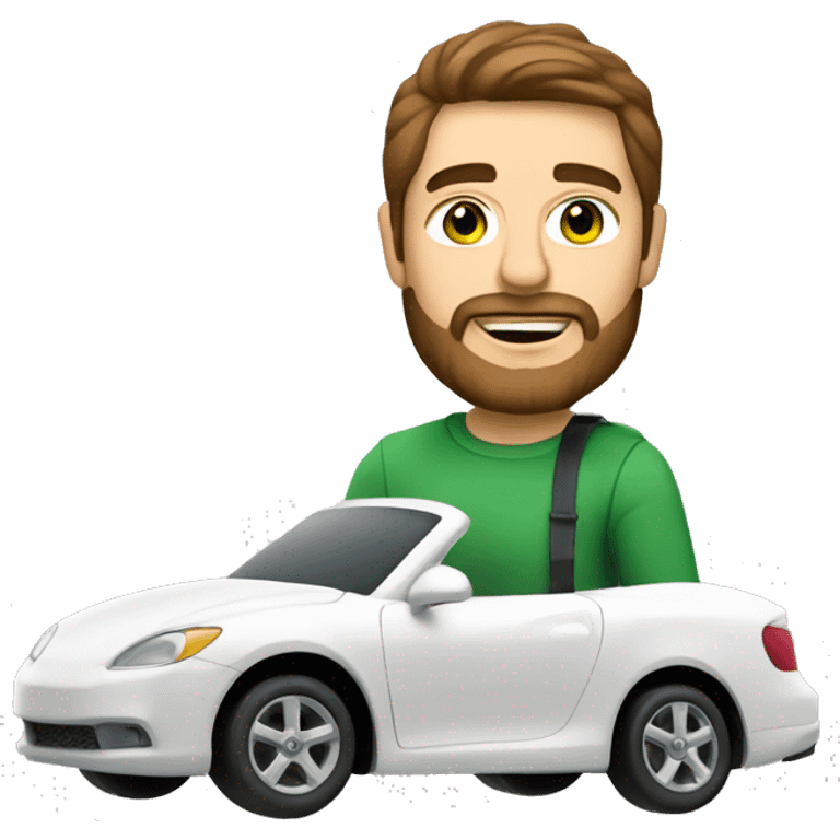 a white man with a brown beard and medium length brown hair and green eyes driving a white car emoji