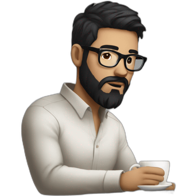 Designer with black hair, beard and glasses working with MacBook and drinking cappuccino  emoji