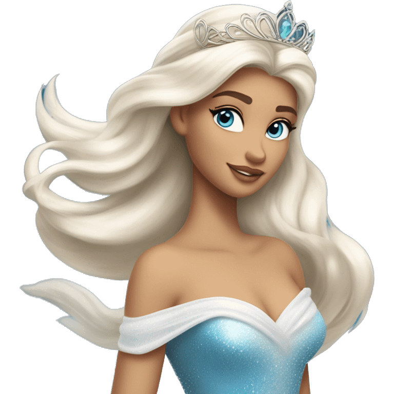 The Swan Princess, a beautiful young woman with platinum blonde hair, ocean-blue eyes, and a swan-inspired dress and tiara, exudes allure as she combs her hair gracefully in the wind. emoji