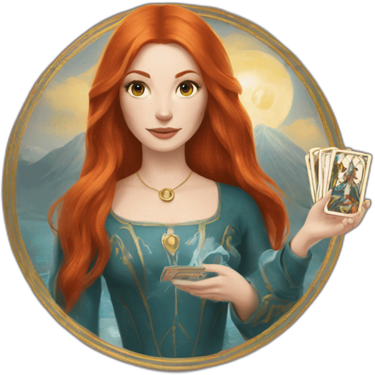 redhead white woman medium long straight hair, holding a tarot card in her hand emoji