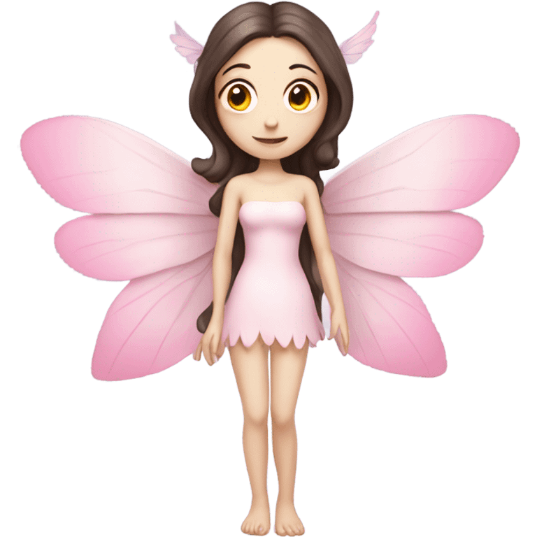 Pale skin, brunette fairy woman with pink wings full body emoji