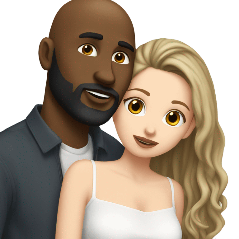 White girl brunette kissing black bald man with beard emoji