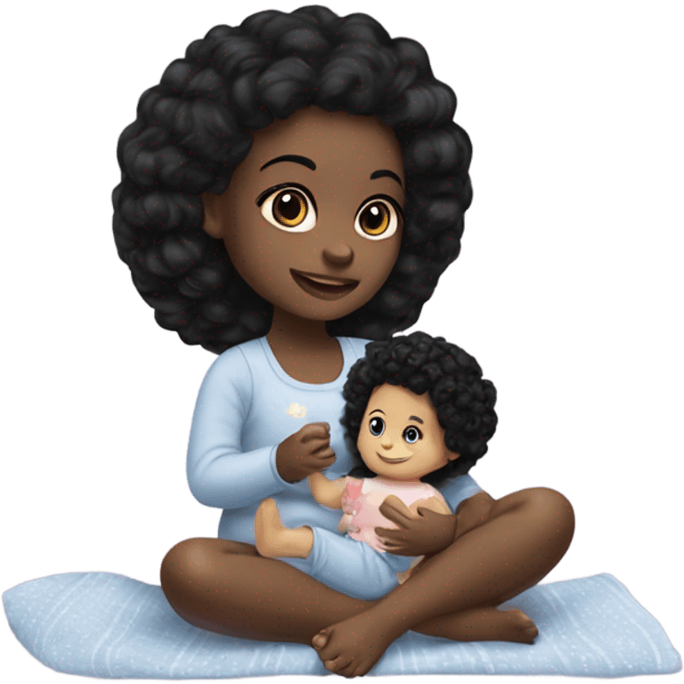 Black girl with black hair playing with baby doll emoji