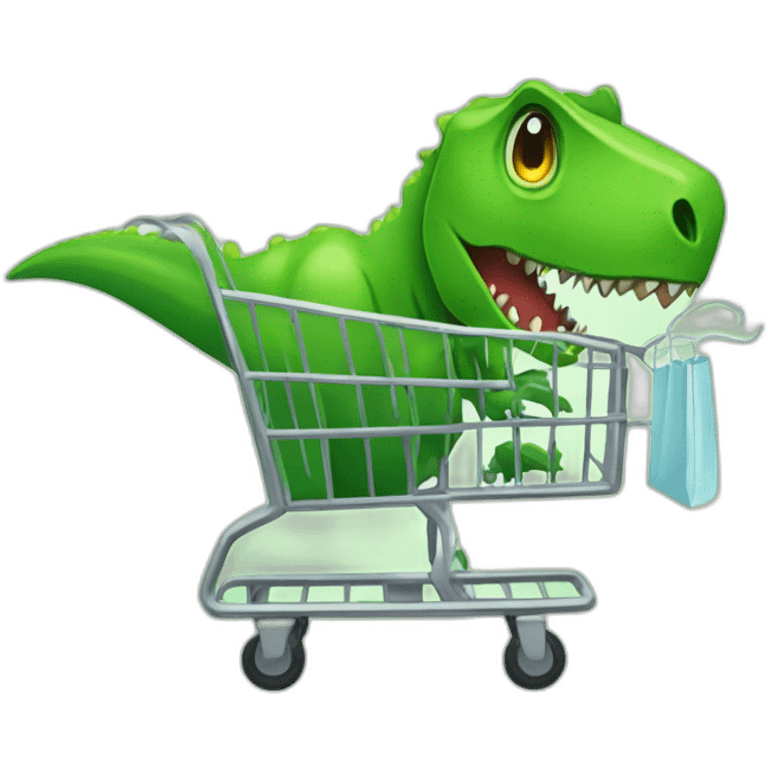 green t-rex with a green alien in a shopping cart in the style of iphone  emoji