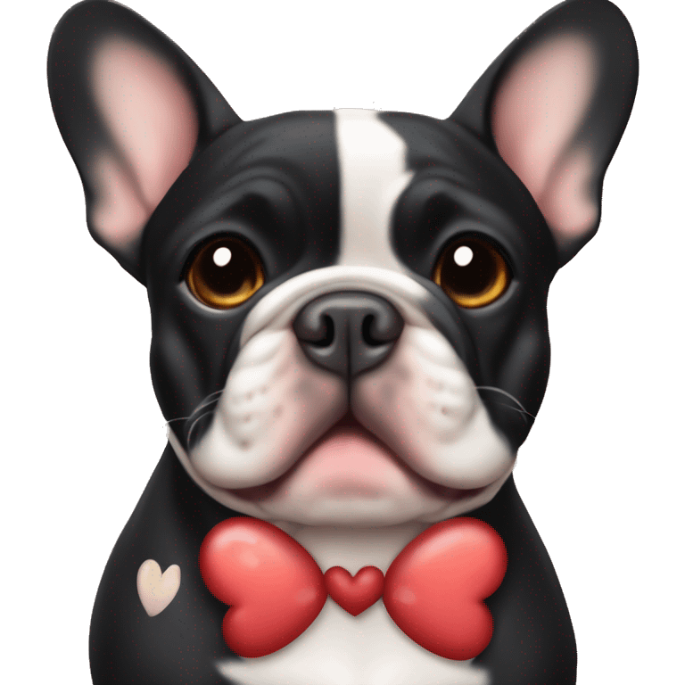 Black-and-tan French bulldog with hearts around him emoji