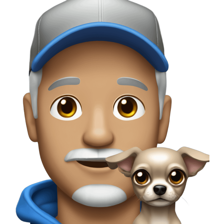 Man with blue eyes gray hair gray goatee wearing ball cap holding black long haired chihuahua emoji