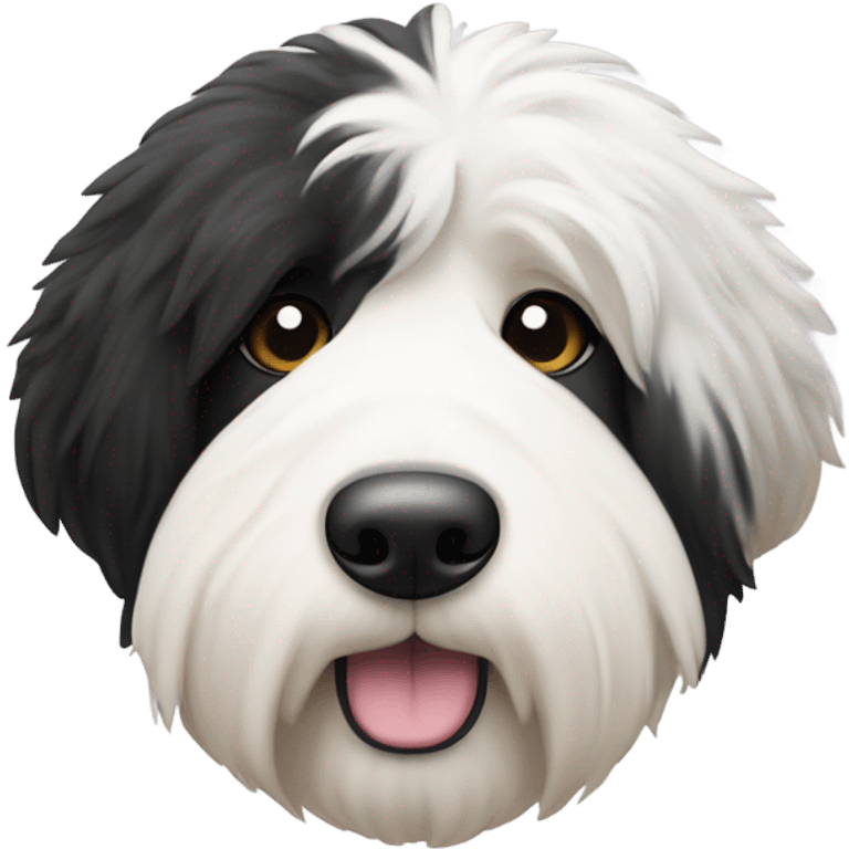 Old English sheepdog with a half and half face like a black and white cookie emoji