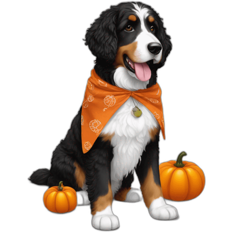 black and white bernedoodle with a pumpkin and fall bandana emoji