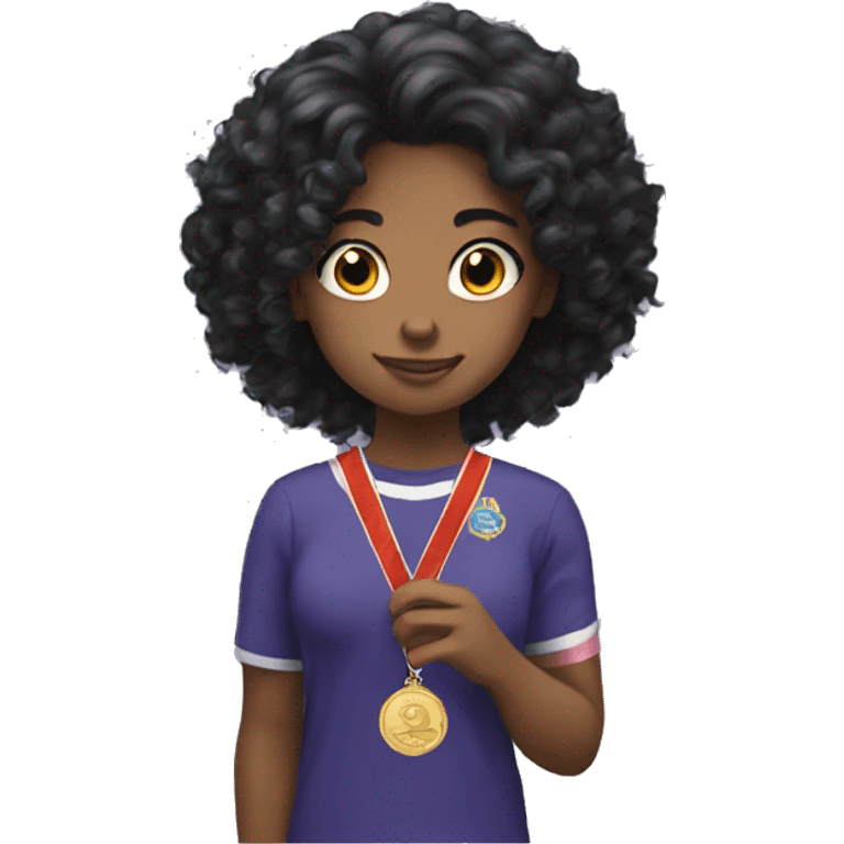 A girl with curly black hair with a medal that says worlds okayest emoji