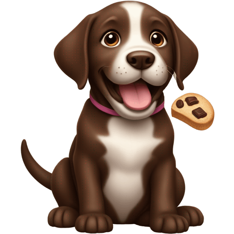 Chocolate lab puppy celebrating success with treat emoji