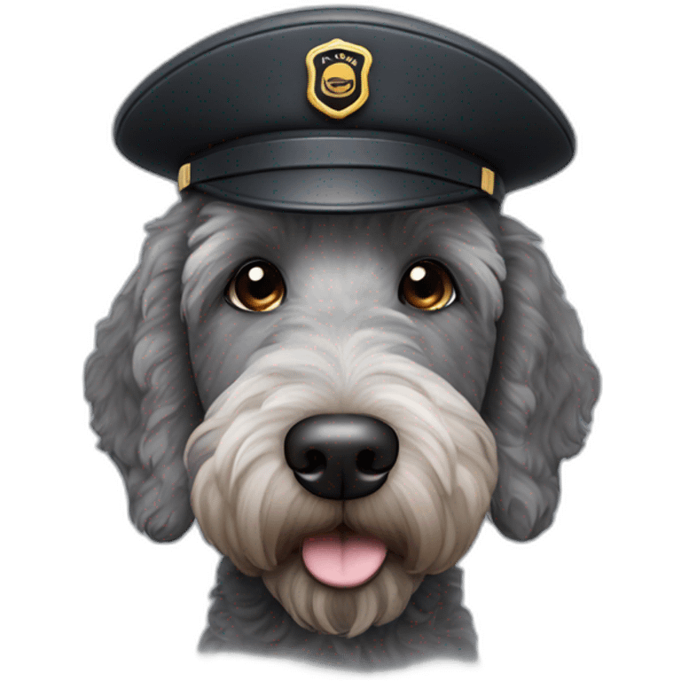 grey and black labradoodle dog's face with and long nose and a pilot cap on emoji