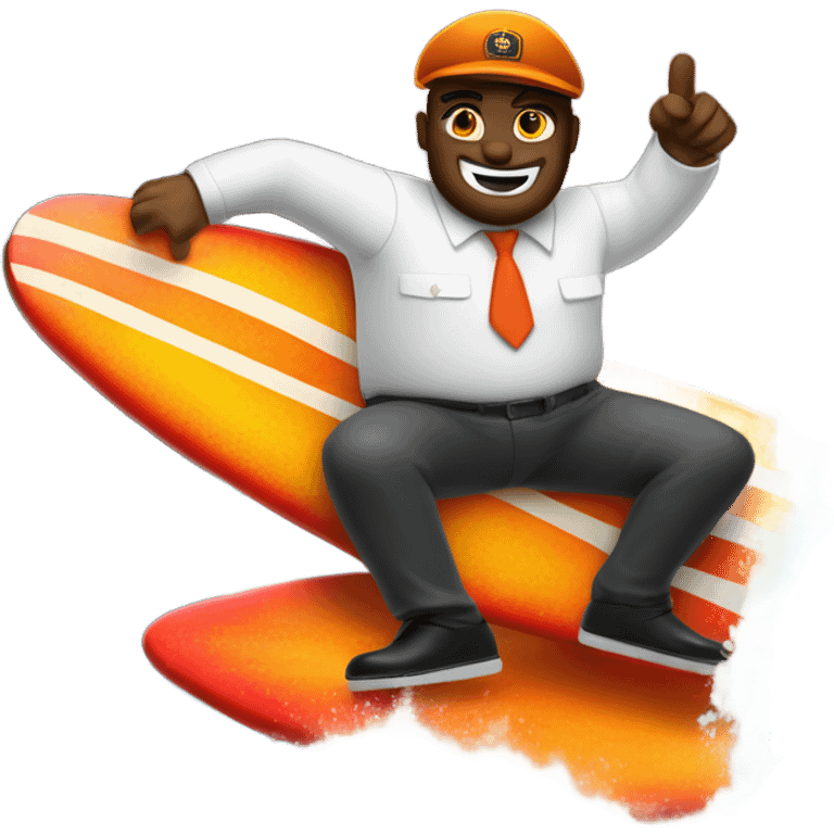 A-train conductor riding a surfboard in an ocean of lava white he makes himself a cocktail emoji