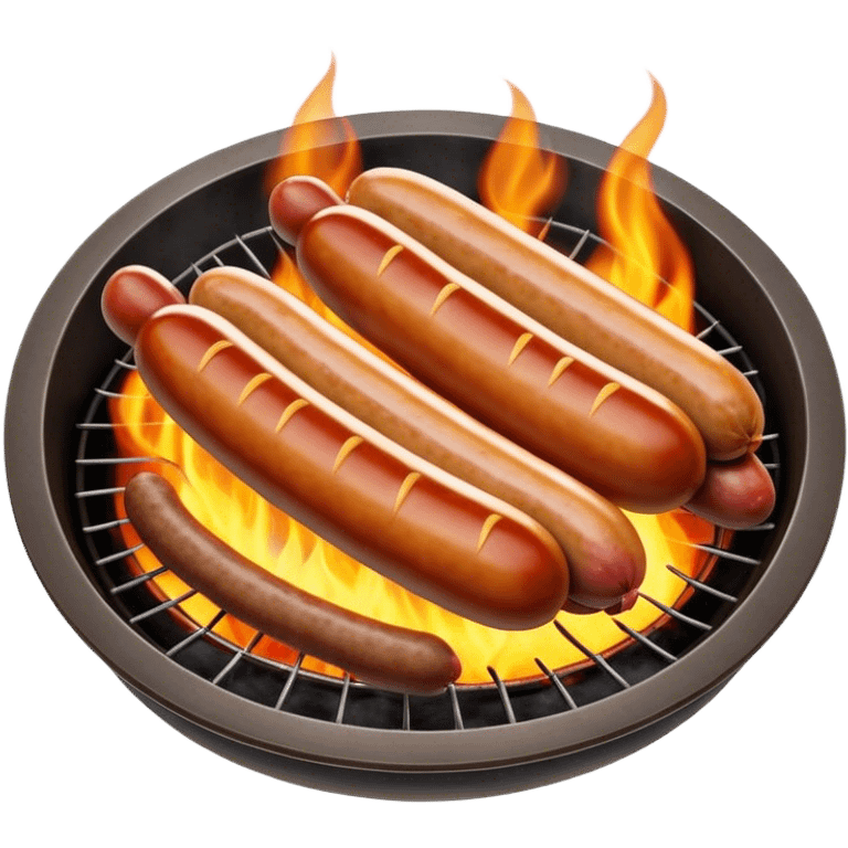 Cinematic Realistic Sausage Sizzle Dish Emoji, featuring sizzling sausages cooking over an open flame rendered with dynamic textures and warm, smoky lighting. emoji