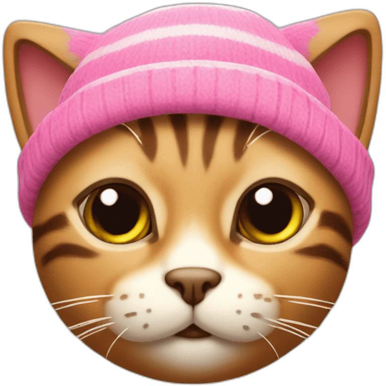 stripped brown cat with a pink beanie hat on his head emoji