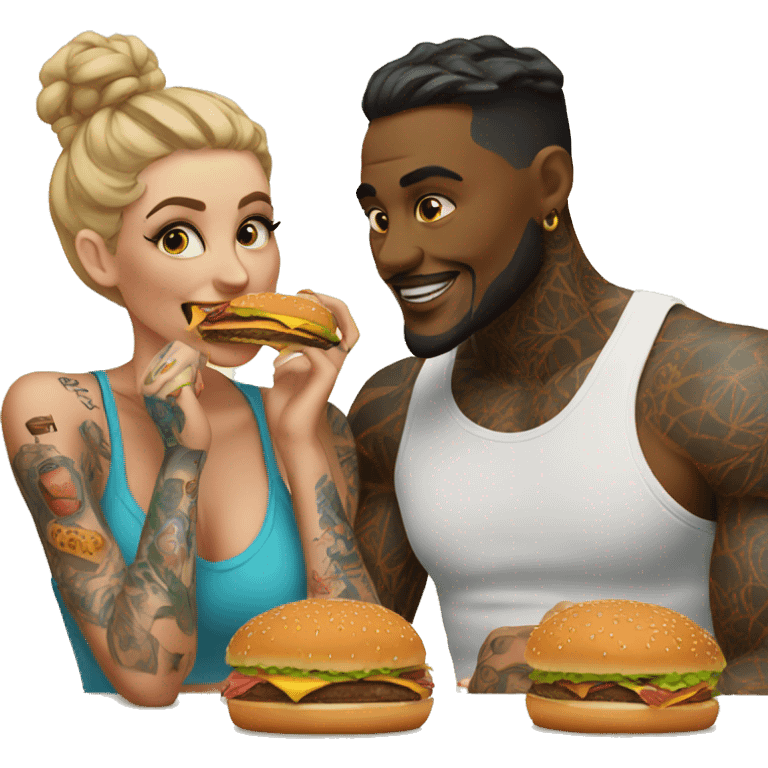 Beautiful tattooed couple eating burgers emoji