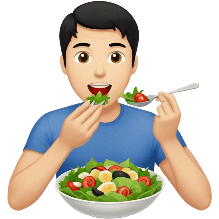 White guy with black hair eating a salad emoji