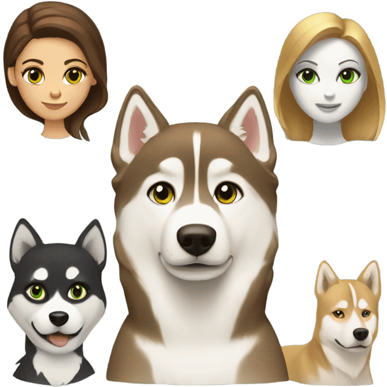 White Woman hair brown and bleus eyes and golden Husky With green eyes emoji