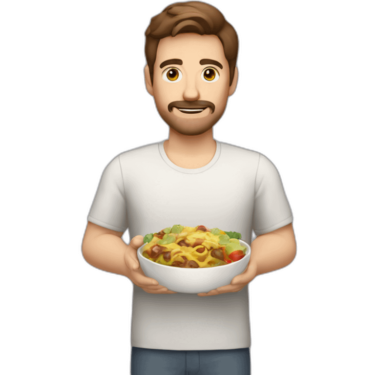 brown hair white guy with little mustache and goatee with meal in hands emoji