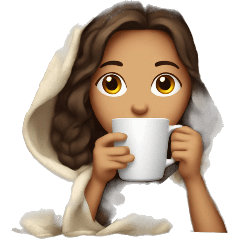 Brunet girl inside a blanket sipping coffee  emoji