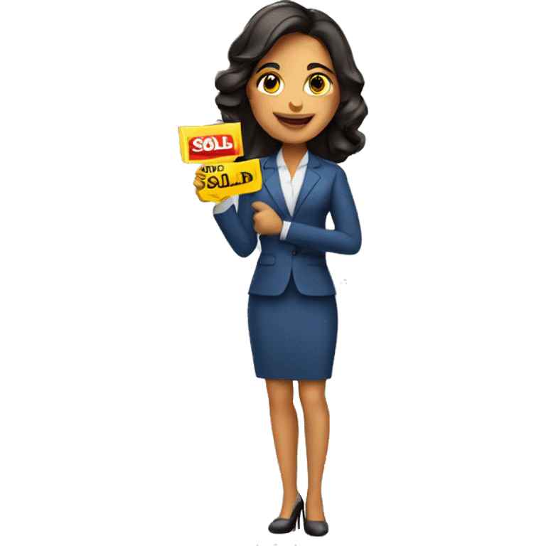 Hispanic realtor woman holding sold sign emoji