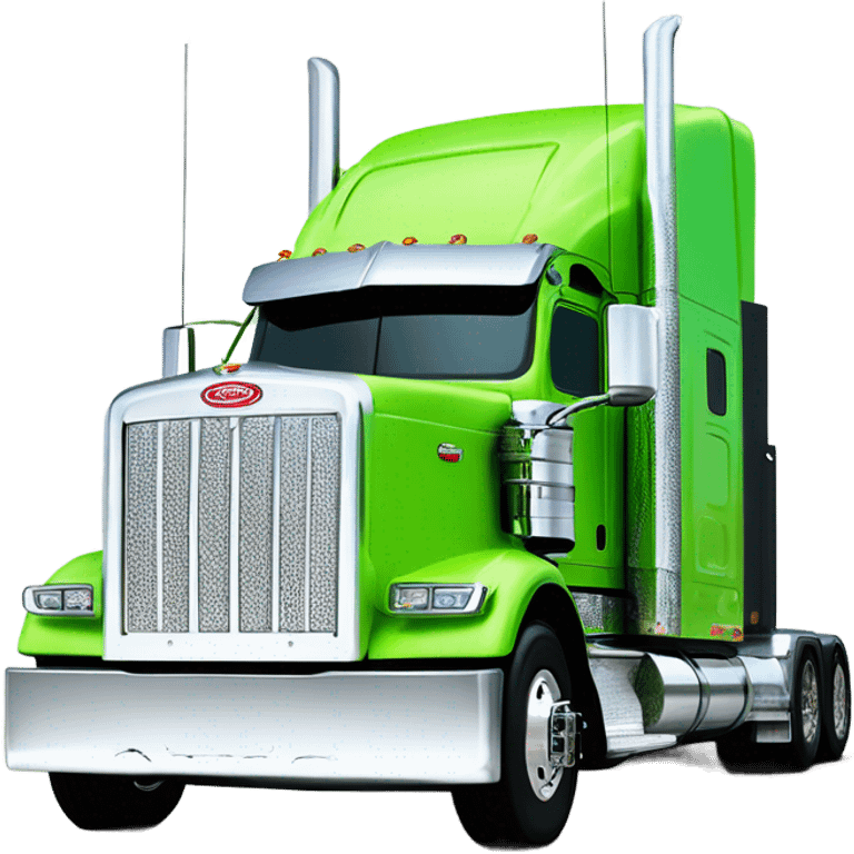 neon green peterbilt semi truck lowered on the ground with large chrome wheels and chrome smoke stacks profile view emoji