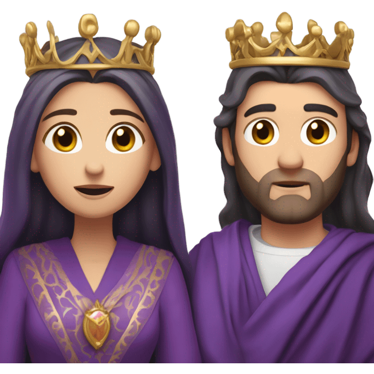 Caucasian long  brunette woman wearing formal royal purple robes and a crown who is pouring her heart out to the man she adores  emoji