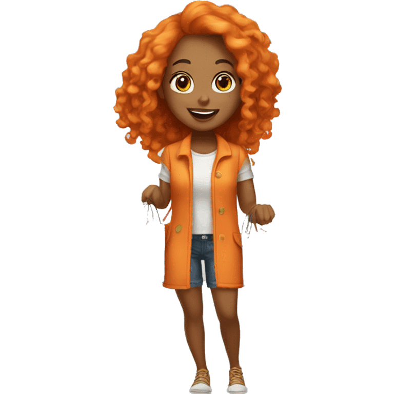 Tan girl with long orange hair wearing cute outfit holding shopping bags emoji