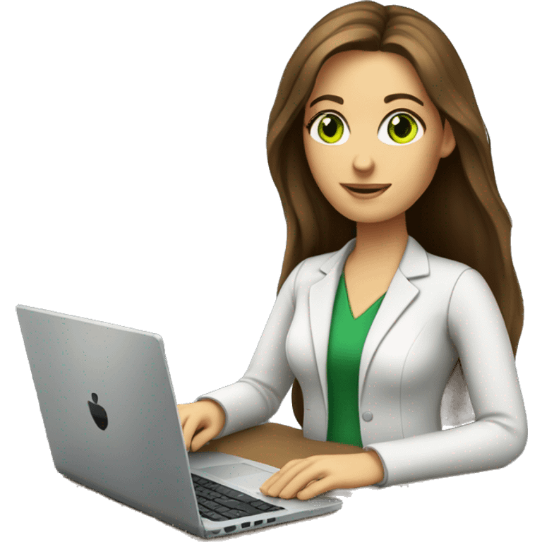 Female coding teacher featuring a laptop. She has long brunette hair, green eyes, white skin. emoji