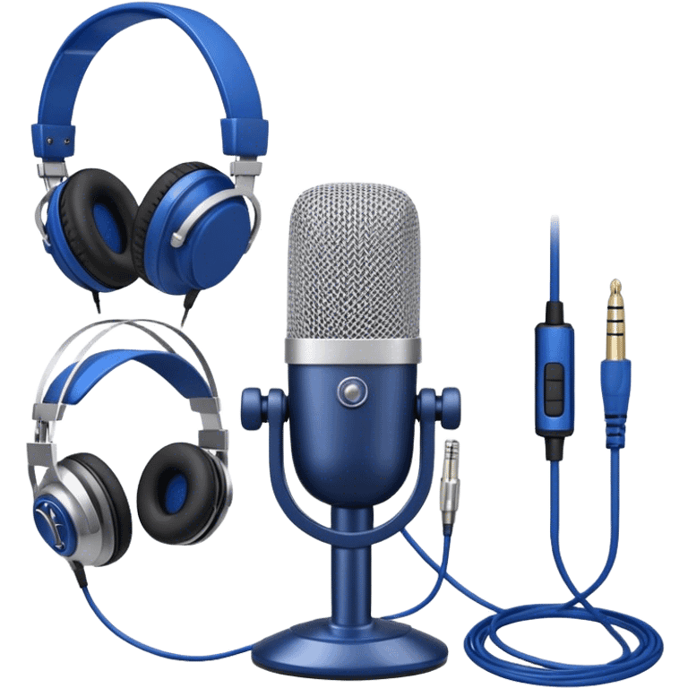 Create a sleek and professional emoji that represents voice acting and dubbing equipment. The design should feature a high-quality microphone, a sound mixer or audio interface, and headphones to symbolize the recording and technical process. Include elements like a soundproof booth or audio cables to reflect the studio environment. Use a modern, clean design with colors like silver, black, and dark blue to represent the professional side of voice acting. The background should be transparent. emoji