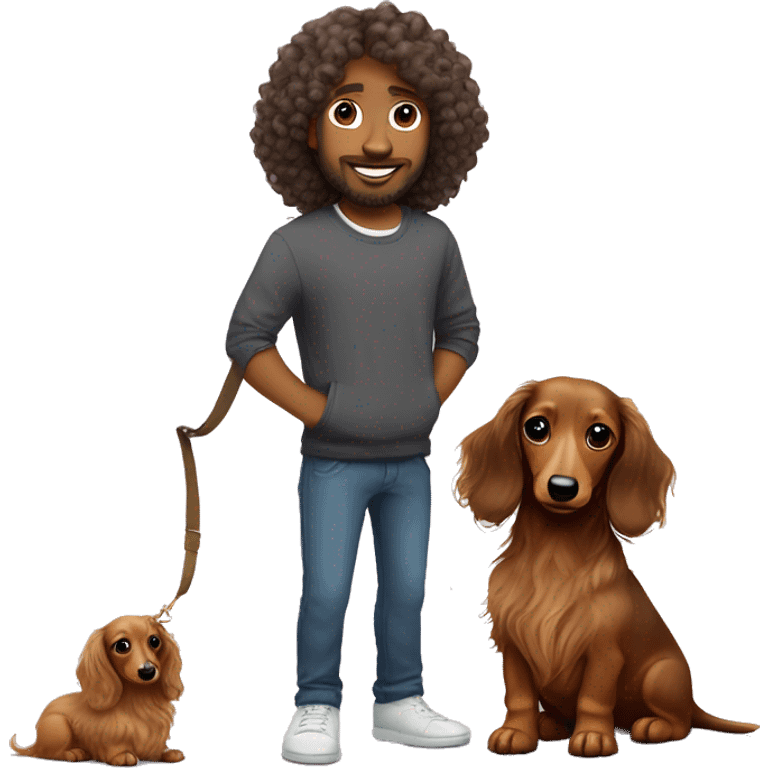  puppy longhair dachshund fair colours and her owner a curly hair man emoji