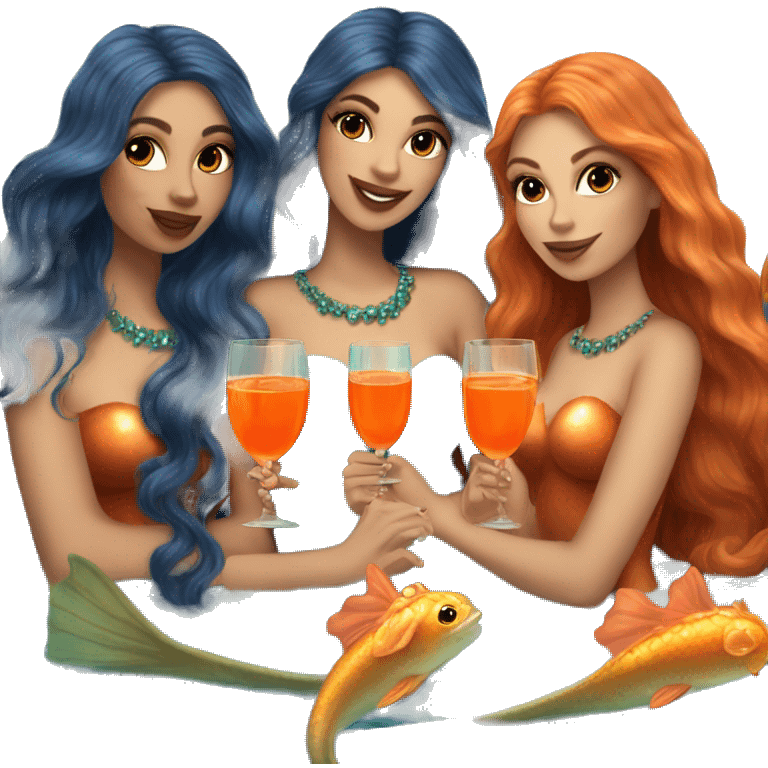 Three beautiful mermaids (light skin) drinking aperol emoji