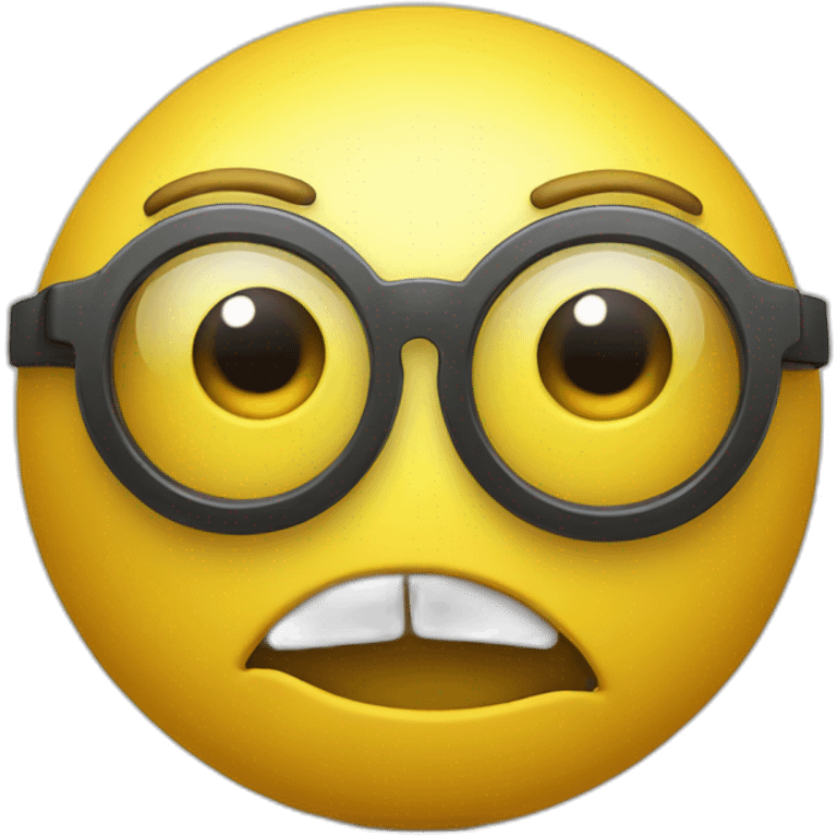 Yellow ball, with two eyes, eyeglasses, and closed mouth with two protruding teeth emoji