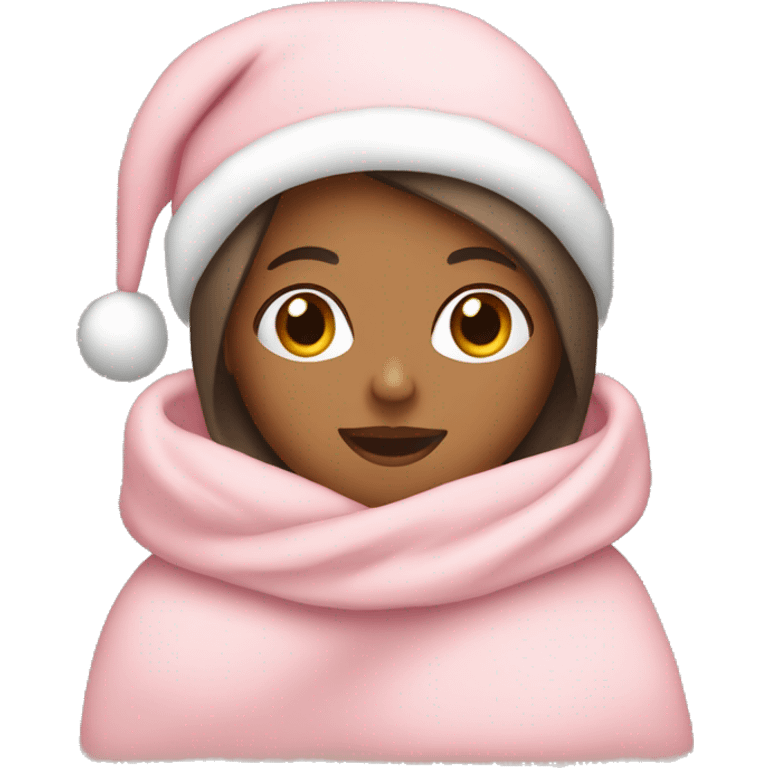 A tan girl wearing a light pink blanket with a Santa hat Christmas version emoji