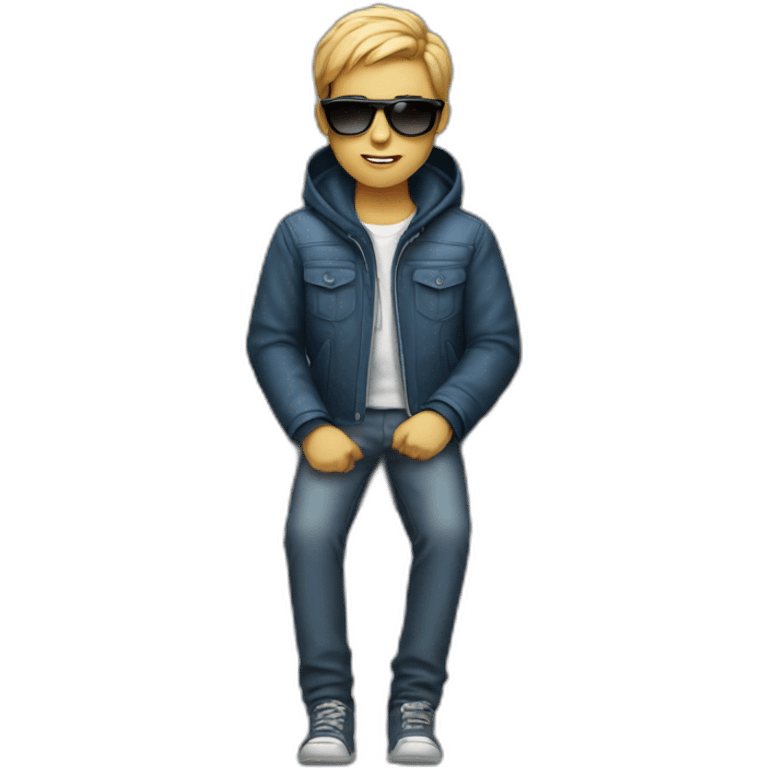 A boy sitting on table with laptop,wear a jacket and have sunglasses emoji