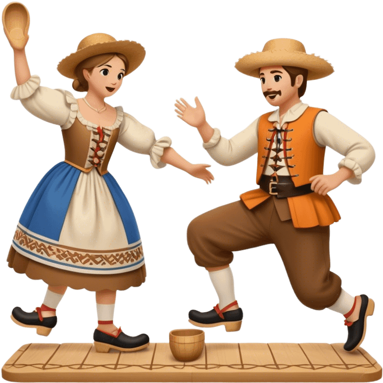 Cinematic Realistic scene of two performers executing the Klompendans, dressed in traditional Dutch costumes complete with wooden clogs and detailed folk patterns, captured in lively motion with soft, natural lighting emoji